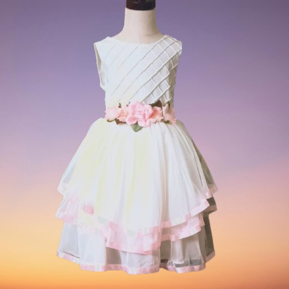 Girl's White Tiered Dress 6 Rare Edition Pink Trim Bouquet Formal Wedding